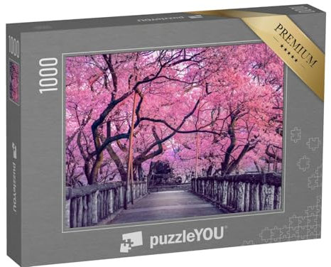 puzzleYOU : Puzzle de 1000 pièces « Cerisiers en Fleurs au-Dessus d'un Vieux Pont en Bois, Japon »