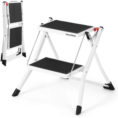 Galvaran 2 Step Ladder Foldable Heavy Duty Step Stool with Anti-Slip Wide Steps and Thickened Foot Caps, Strong Sturdy Steel for Home, Office, Kitchen, Garage, Caravan, 150kg Weight Capacity