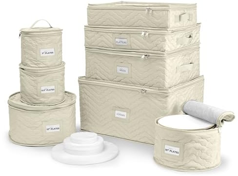 Sorbus China Storage Containers (Quilted) - Glass & Dish Storage Containers for Transport, Moving, Party - 8 Pc Stackable Plate Storage Set for Dinnerware, Mugs, Cups - Felt Plate Protectors Included