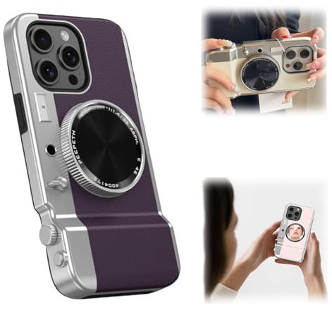 Integrated Camera Phone Case, Integrated Mirror Magnetic Suction Camera Phone Case, Bluetooth Camera Phone Case,Vintage Camera Phone Case for iPhone (dark purple,For iPhone15Plus)