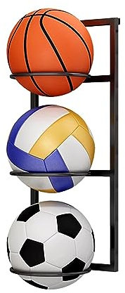 WOTZOV Sports Equipment Organizer Hanging Ball Holder for Storage Basketball Football Volleyball, 3 Tiers Sports Ball Display Rack with Hooks, Indoor Ball Organizer Shelves,Black