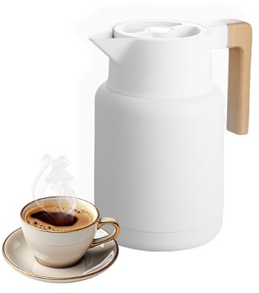 Pichet Isotherme, Thermos Sous Vide Isolé, Carafe À Café Thermique En Acier Inoxydable, Manche En Bois, Pour Le Café Au Thé Chaud Et Froid, Cuisine, Bureau, Hôtel (Blanc,1300ml)