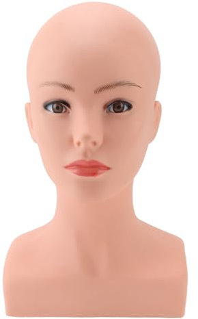 Weibliche Glatze Schaufensterpuppe Kopf, Professionelle Kosmetologie Gesicht Make-up Puppe Kopf Schaufensterpuppe Kopf Büste mit Schulter Realistische Ansicht Büste für Hüte, Brillen, Perücken