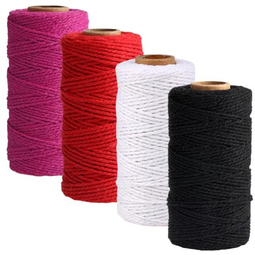 Uposao 4 Rouleaux Corde Macramé 3mm Fil de Coton 100m Coton Fil Macramé Ficelle Cordelette Naturel Coton Cordon pour Emballage de Décoration Cadeau, Bricolage d'art Créatif, Mariage