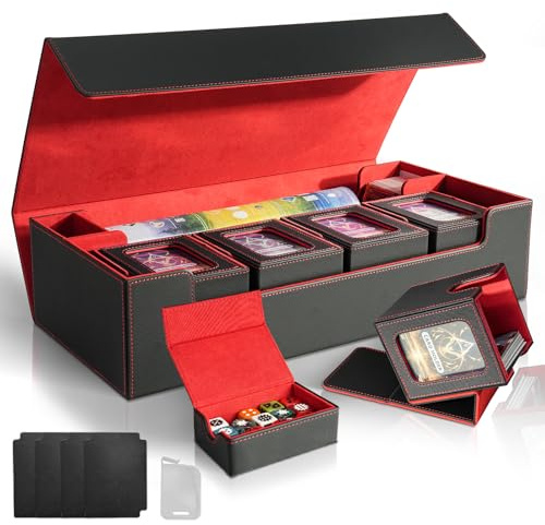 Jamiukro Card Deck Box für MTG Commander, große 6-in-1-Sammelkarten Aufbewahrungsbox mit 5 TCG-Kartenboxen und Würfelfach, für 2400 ungesleevte Karten, Schwarz-Rot-Set