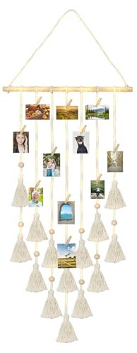Portafoto da Parete con Luci LED, 20 Mollette in Legno, Stile Boho, Decorazioni Casa, Idee Regalo Donna Originali, Cornici Foto Multiple da Parete, Regali Compleanno per Lei e Arredamento Moderno