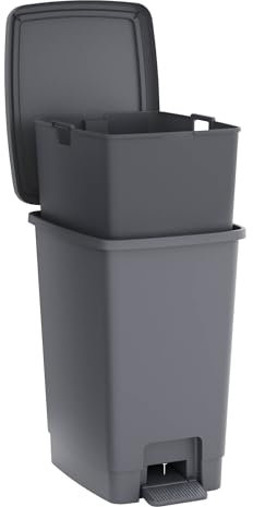 Sundis Bucket Bin, poubelle à pédale 30 L, seau amovible, rectangulaire, en plastique recyclé, gris, pour cuisine, bureau, buanderie, atelier, salle de bain