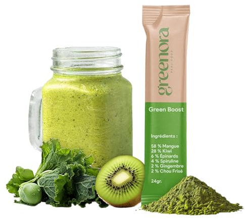 GREENORA Smoothie Poudre Fraise Pomme Gingembre Mangue Betterave Spirulinei. Fruits et Légumes Lyophilisés 100% Naturels. Superaliments. 10 un.