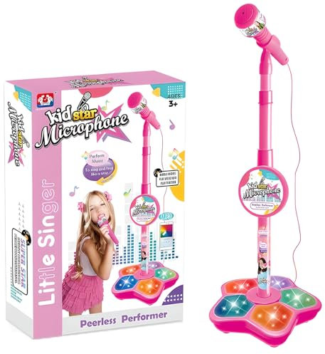 Children’s Microphone Set, Stand Up Kids Karaoke Microphone with Lights & Music, with Stand, Interactive Kids Mic Toy, Compact Singing Device, for Girls Boys Party Pastime pink