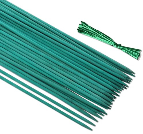 CAKKVDE 50PCS Bamboo Plant Support Sticks with 50 Twist Ties - 30cm Garden Stakes for Flowers, Peas & Climbing Plants - Lightweight 5mm Thickness Plant Sticks