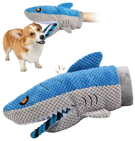 Treetopone Hai Kuscheltier Hundespielzeug Crinkle Blue Shark interaktives quietschendes Haustierspielzeug Simuliertes Tier Hai Handpuppe aus Plüsch für Aggressive Kauer großes Hundespielzeug