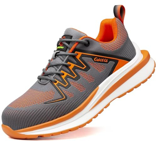 Annvia Steel Toe Cap Trainers for Women Men Safety Trainers Lightweight Ladies Composite Toe Work Shoes Slip on Resistant Breathable Non Slip Antistatic Shoes Size 10 Orange 43