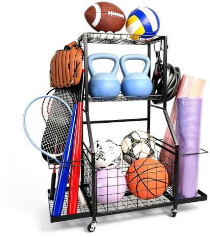 Garagen-Sportgeräte-Organizer Schwerlast ballständer mit Haken & Rädern | Garage Organizer,Garagenregal,Ballaufbewahrungsregale,Sportorganizer&Ballablage, Für Fußball, Schläger und Spielzeuge,schwarz