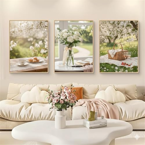 Meuzzvor Moderne Bilder 3 Stück Frühlings Poster Set Picknick & Grün Wandbilder für Wohnzimmer & Schlafzimmer Bilder Leinwand Kunstdrucke Ohne Rahmen (40x50cm)