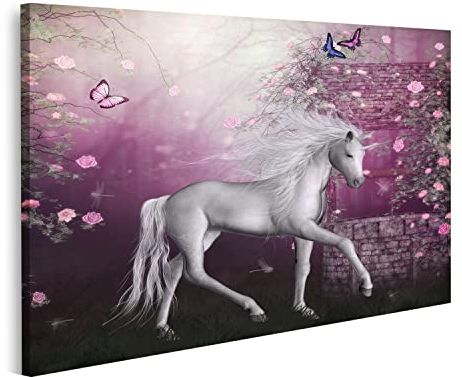 islandburner Bild auf Leinwand Einhorn Fee Fantasie Mondschein Feengarten Für Mädchen Kinderzimmer Bilder Wandbilder Poster