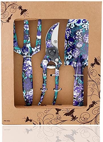 FLORA GUARD Juego de Herramientas de Jardín, 3 Piezas Herramientas de Jardín con Rastrillo Mano, Tijeras Podar, Trasplantadora, Regalos de Jardinería(Morado)
