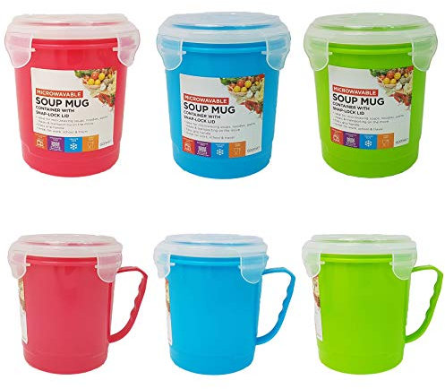 Handy Helper Set of 3 Microwavable Multicolor Plastic Soup Mugs with Snap-Lock Lid