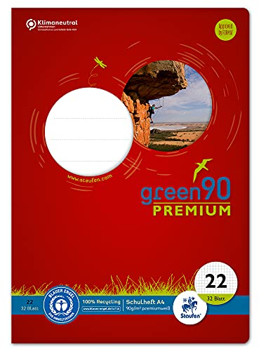 Staufen Green Heft - DIN A4, Lineatur 22 (5mm kariert), 32 Blatt, premiumweißes 90g/m² Recyclingpapier, runde Ecken verhindern Eselsohren, 4 verschiedene Motive (keine Auswahl möglich), 1 Stück