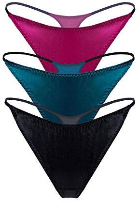 SilRiver Damen Seidensatin Sexy Spitzen Unterwäsche Tanga Höschen G-String & T-Back, Schwarz-rose Violet - Türkisches Blau, M