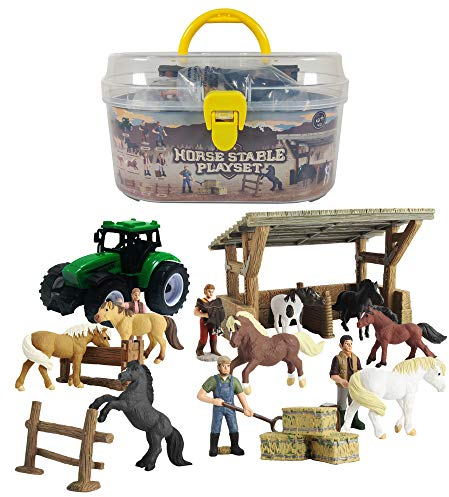 GreenKidz DINOBROS Pferde Stall Spielset Spielzeug für Jungen Mädchen Ab 3 Jahren Enthält 8 Pferde und Zubehör 17 Stück Pferd Stall Bauernhof Set mit tragbaren Fall