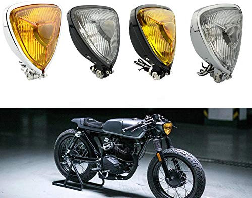 JaneShop Motorrad Frontscheinwerfer Universal Retro Änderung Dreieckige Metall Scheinwerfer Fit Für Replacement for Harley Chopper Cafe Racer Benutzerdefinierte (Schwarze bernsteinfarbene Linse)