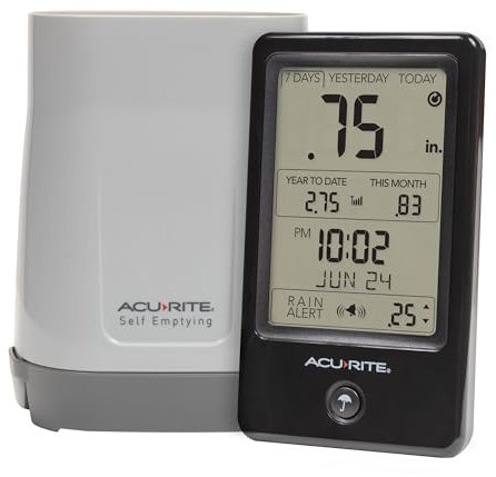 AcuRite 02446M - Pluviómetro inalámbrico con pantalla digital para interiores, color negro