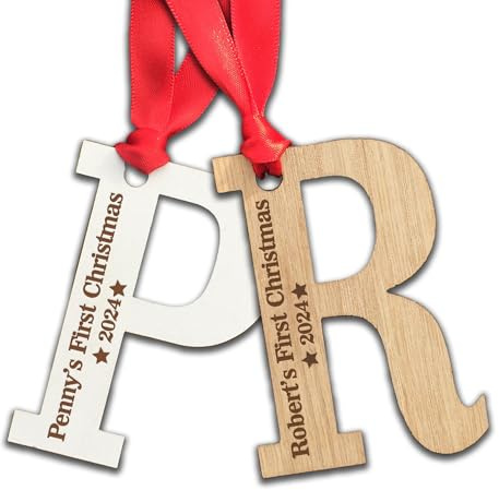 Personalised Child's First Christmas Tree Decoration - Wooden Letter Gift Present Bauble