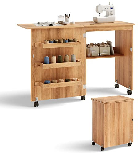 COSTWAY Mesa Maquina de Coser Plegable, 2 en 1 Mueble Maquina Coser con 3 Compartimientos, 1 Estante de Almacenamiento y 5 Ruedas Bloqueables, Mesa de Costura Que Ahorro de Espacio (Natural)