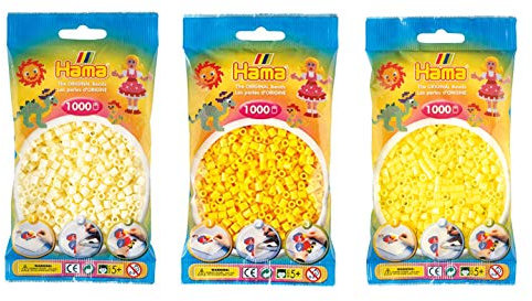 Hama Midi Bügelperlen Konvulut 3 Farben (Creme 02,Gelb 03,Pastell Gelb 43)+ Bügelanleitung mit 3 Design Vorlagen …