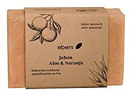 Ebers Jabón de Aloe y Naranja Natural en Pastilla 100 g | Jabón Artesanal Hidratante, Cicatrizante y Antioxidante | Cara y cuerpo | Vegano, artesanal y sin Conservantes