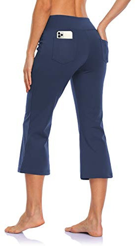 MOVE BEYOND Damen Yogahose 3/4 Sommerhose Caprihose Leicht Sporthose Butterweiche Jogginghose mit Taschen, Blau, XL
