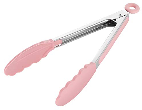 YUNM Servierzange, Geschirrspülmaschinengeeignet, Mit Hitzebeständigen Silikonzangen, Soft Grip Griffe Mit Verschluss, Küchenzange, Lebensmittel Zange, Grillzange, Kochzange, Edelstahl, 27X11Cm Rosa