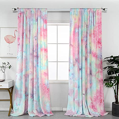 Amidoudou 1 Stoffvorhang für Mädchenzimmer mit Stangentasche, halbverdunkelnd, Regenbogen-Vorhang (bunt, 168 x 213 cm)