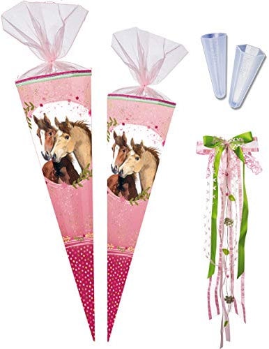 Nestler Schultüten-Set zum Befüllen, Handgemachte Zuckertüte aus Karton - Motiv Pferdefreunde von Coppenrath - inkl. Spitzenschutz, Schleife (85 cm 12-eckig mit Stoffblumen)