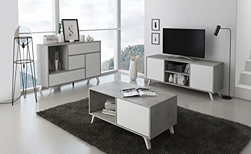 Skraut Home | Ensemble Buffet + Meuble TV + Table Basse pour Salon | Modèle Wind | Ensemble Salle à Manger | Structure Résistante | Montage Facile | Finition Ciment/Blanc, Large