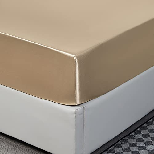 Nayoroom Spannbettlaken Satin 200x200cm Taupe Seide Glanzsatin Glatt und Bequem Microfaser Spannbetttuch Bettlaken für Boxspringbett Topper Matratze bis 25 cm