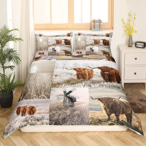 Loussiesd Highland Cattle Bettwäsche Set Damen Herren Bauernhof HochlandkuhBettbezug für Jungen Mädchen Schlafzimmer Bauernhaus Bettwäsche 135x200cm Windmühle Getreide Bauernhoftier Bettbezug