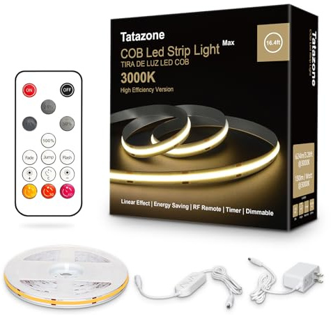 Tatazone White COB Led Strip Lights Max with RF Remote, 16.4ft 3000K CRI93+ Dimmable Ultra Bright Warm White COB Light Strip, Adhesive Indoor COB Led Lights for Living Room, Shelf, Cabinet
