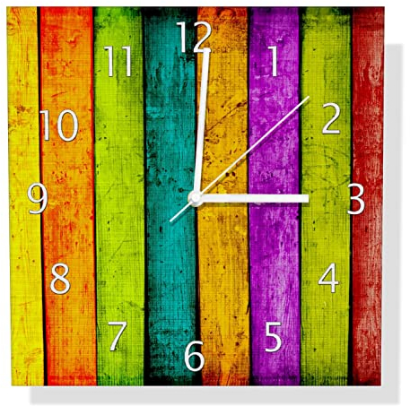 Wallario Design Wanduhr Buntes Holz - Bunte Streifen mit Farbe und Holzstruktur aus Aluverbund, Alu-Uhr Größe 30 x 30 cm, weiße Zeiger mit Metalloptik