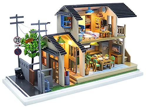 Casa de muñecas japonesa en miniatura modelo 3D de madera para cocina, dormitorio, kits de casa de muñecas con cubierta antipolvo para cumpleaños para niños y adultos