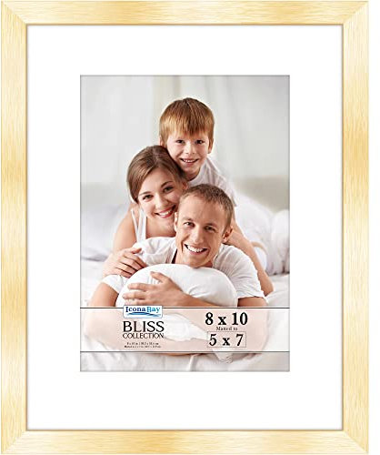 Icona Bay - 8x10 Gold Picture Frame with Removable Mat for 5x7 Photo - Modern Style Engineered Wood Frame - Table Top or Wall Mount - Bliss Collection