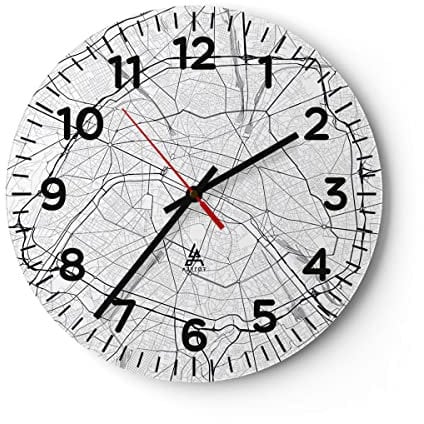 Modern Wanduhr Stadt Karte Paris 40x40cm Rund Groß Wand Uhr Glas Analog Zimmeruhren Küche Büro Wohnzimmer Glasuhr Wall Clock Dekoration Design Wanddekoration Küchenuhr C4AR40x40-4868