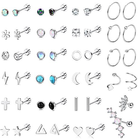 JeweBella 23Pairs Kleine Ohrstecker Damen Set Chirurgenstahl Knorpel Helix Ohrringe Hypoallergen Stern Mond Flatback Ohrringe Zirkonia Creolen Piercing Ohrstecker für Mädchen Herren