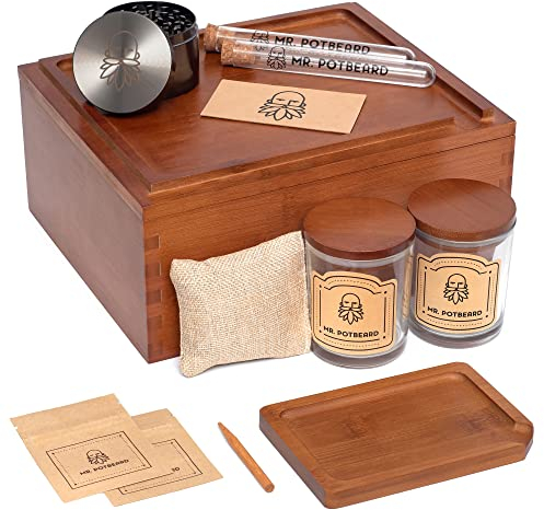 Stash Box Kit d'accessoires de rangement en bambou avec broyeur, absorbeur d'odeurs avec 2 récipients hermétiques, outil de remplissage et plateau