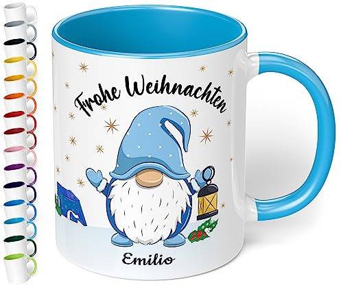 True Statements Weihnachtstasse mit Namen personalisiert „Frohe Weihnachten Wunschname“ - 330ml Keramik Kaffeebecher mit Wichtel-Motiv und Spruch – Geschenk zu Weihnachten (Hellblau)