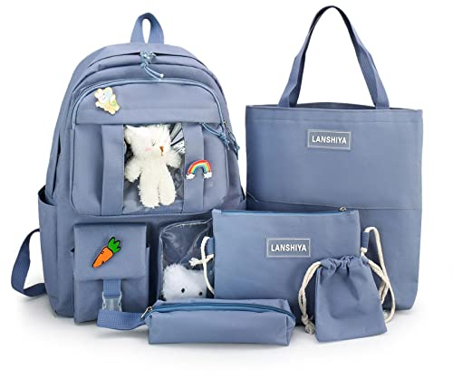 YGYCF Kawaii Rucksack, 5-teiliges Set für Schüler mit süßem Bären-Zubehör, Schultaschen für Teenager, Mädchen, Schulbedarf, 04-A Blau, Einheitsgröße, Rucksack