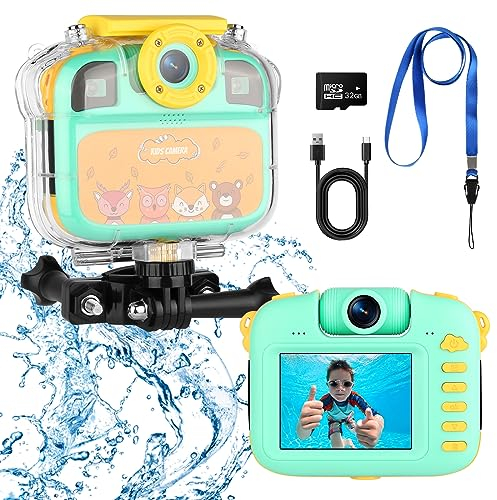 1080P Kinderkamera, Unterwasser wasserdichte Digitalkamera Kinder Geschenke für Jungen Mädchen Alter 3-13 HD Mini Kinder Camcorder 2,4 Zoll IPS Bildschirm mit 32GB Karte und weiche Silikonhülle
