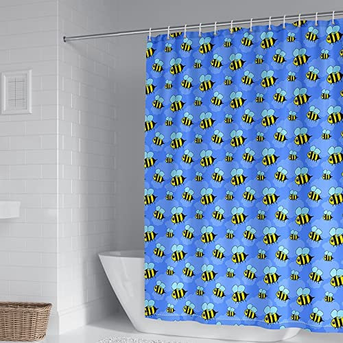 Duschvorhang Blickdicht, Duschvorhang Waschbar Anti Schimmel Textil Bienen Muster Blau Gelb Schwarz Polyester 150X180cm