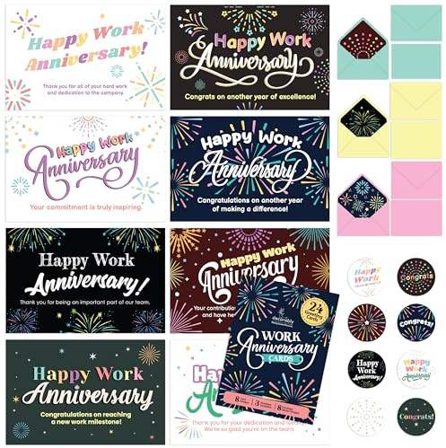 Decorably 24 Pack 6x4in Happy Work Anniversary Cards for Employees with Envelopes and Stickers, 8 Fireworks Designs Happy Work Anniversary Card Set, Blank Inside