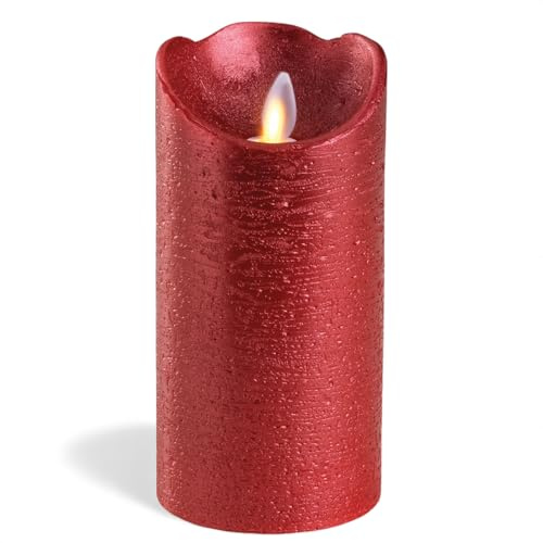 MIJOMA LED-Echtwachskerze mit Flackerflamme, Timer und batteriebetrieb | Indoor LED-Kerze mit warmweißem Licht | Natürliche Optik (Rot - strukturierte Oberfläche, Ø7.5cm x 15cm)